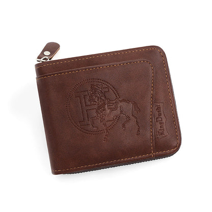 NNEDSZ Cartera de Cuero Marrón Oscuro para Hombre con Cremallera y Diseño de Caballo en Relieve - Compacta y Elegante