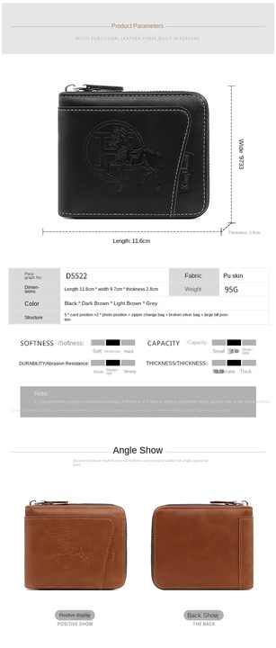 NNEDSZ Cartera de Cuero Marrón Oscuro para Hombre con Cremallera y Diseño de Caballo en Relieve - Compacta y Elegante