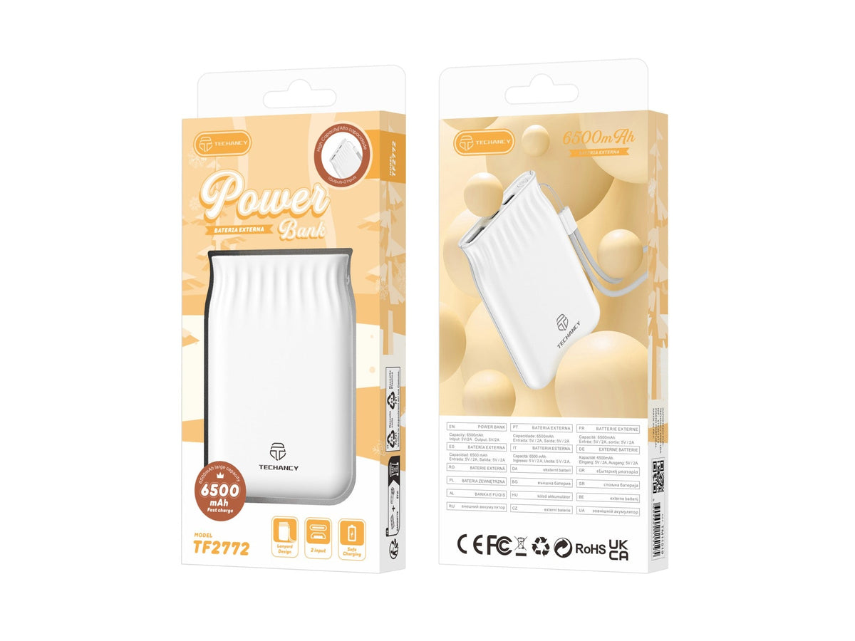 Techancy Power Bank 6500 mAh blanco TF2772, carga de teléfono/tablet compatible con 2A, fuente de alimentación portátil