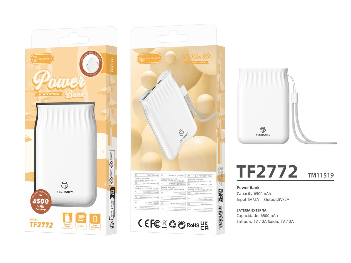Techancy Power Bank 6500 mAh blanco TF2772, carga de teléfono/tablet compatible con 2A, fuente de alimentación portátil