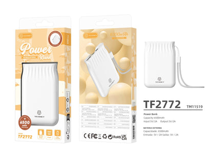 Techancy Power Bank 6500 mAh blanco TF2772, carga de teléfono/tablet compatible con 2A, fuente de alimentación portátil