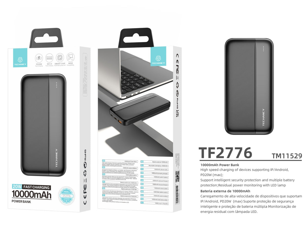 Techancy Power Bank 10000mAh Negro TF2776, ¡Carga Rápida PD20W Para Smartphones, Tablets Y Más!