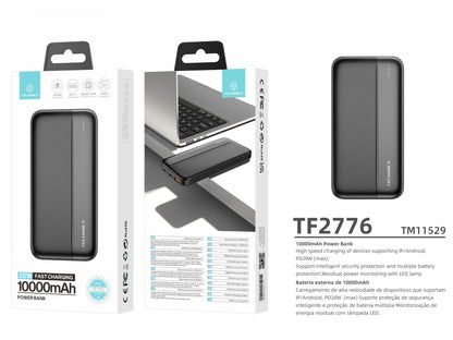 Techancy Power Bank 10000mAh Negro TF2776, ¡Carga Rápida PD20W Para Smartphones, Tablets Y Más!