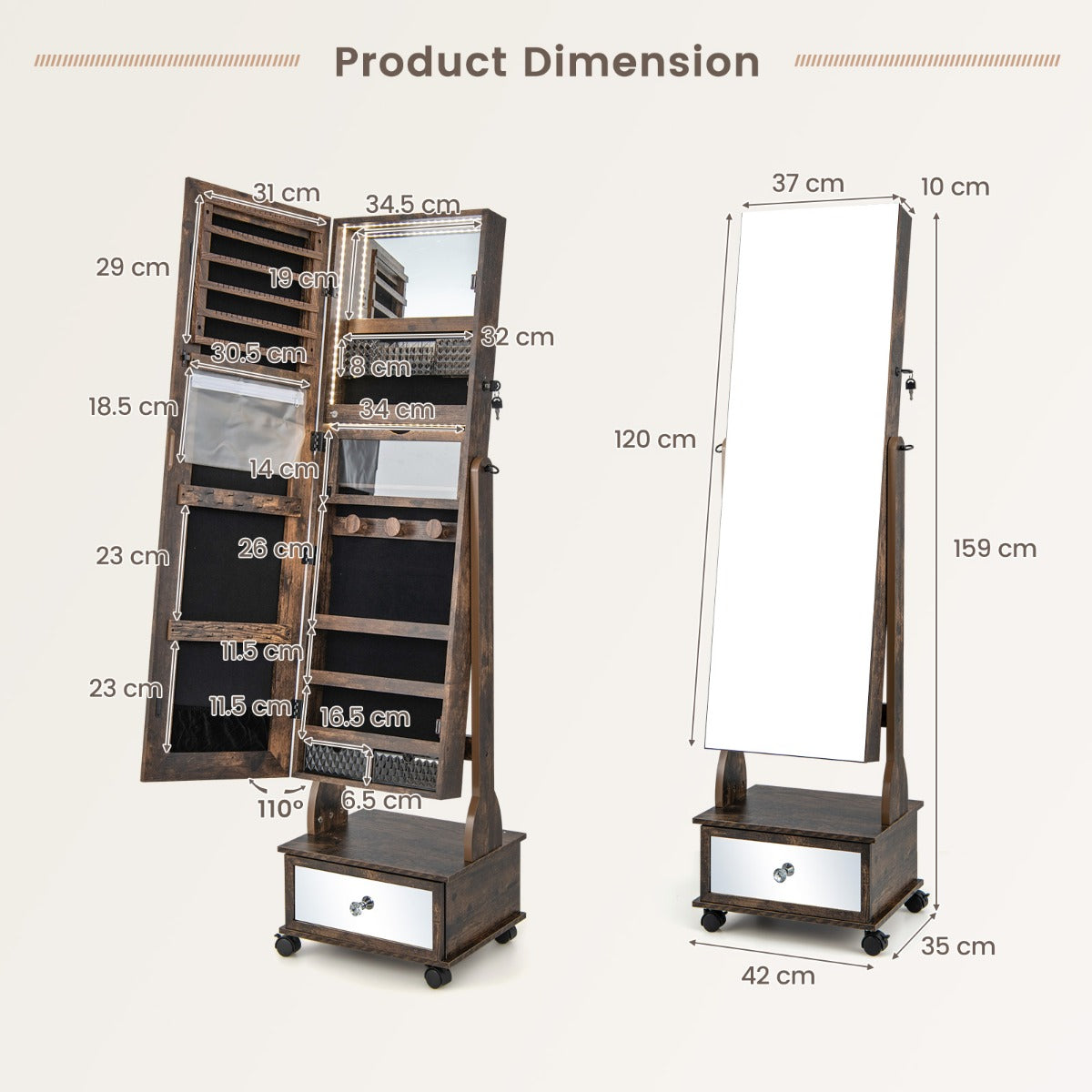 NNECW 159 CM Lockable Jewelry Organizer with 3-Color LED Lights-Brown