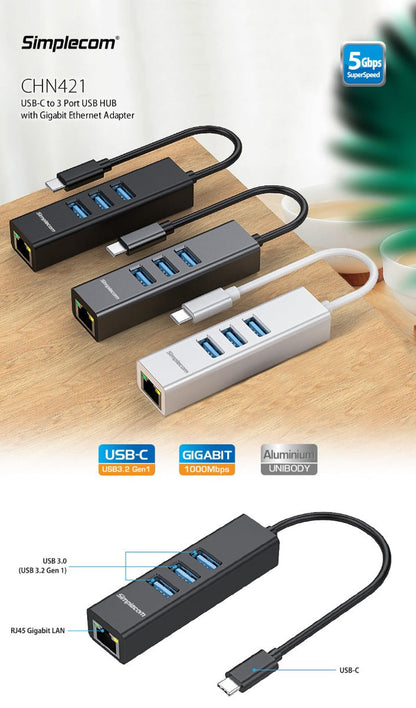 NNEDSZ CHN421 Aluminium USB-C to 3 Port USB HUB with Gigabit Ethernet Adapter Black
